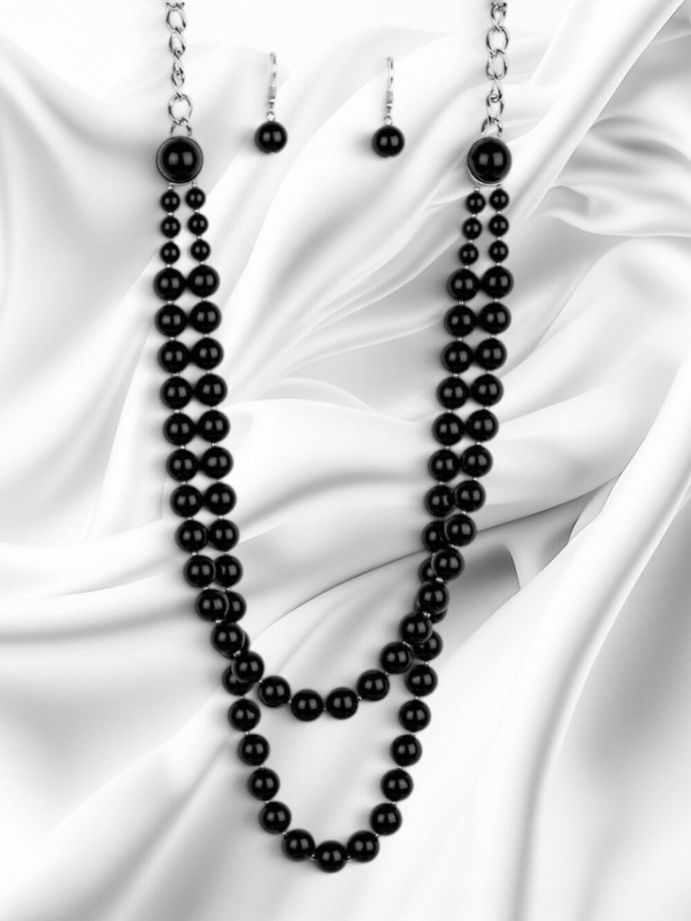 Black Beaded Layered Silver Necklace | Elegant Long Statement Necklace | NWT